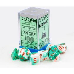 ENSEMBLE 7 DÉS POLYÉDRIQUES GEMINI VERT MENTHE ET BLANC AVEC CHIFFRES ORANGE